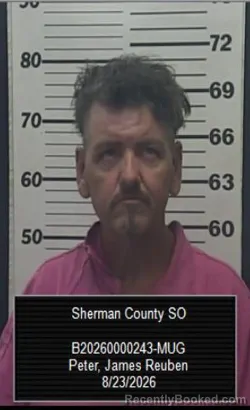 Mugshot of James Reuben Peter booked in Sherman County, Kansas on August 23, 2026