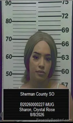 Mugshot of Crystal Rose Sharon booked in Sherman County, Kansas on August 8, 2026