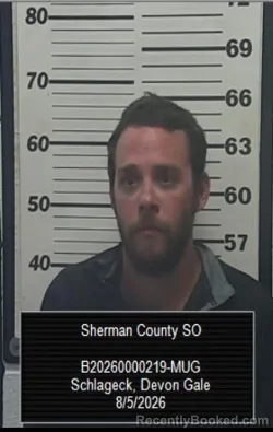 Mugshot of Devon Gale Schlageck booked in Sherman County, Kansas on August 5, 2026