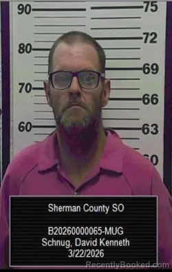 Mugshot of David Kenneth Schnug booked in Sherman County, Kansas on March 22, 2026