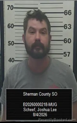 Mugshot of Joshua Lee Scheef booked in Sherman County, Kansas on August 4, 2026