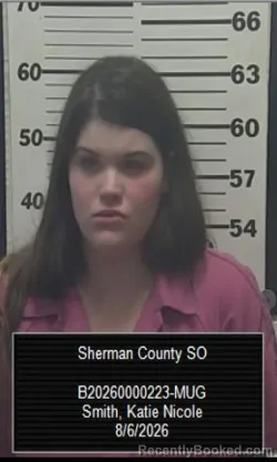 Mugshot of Katie Nicole Smith booked in Sherman County, Kansas on August 6, 2026