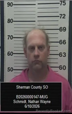 Mugshot of Nathan Wayne Schmidt booked in Sherman County, Kansas on June 10, 2026