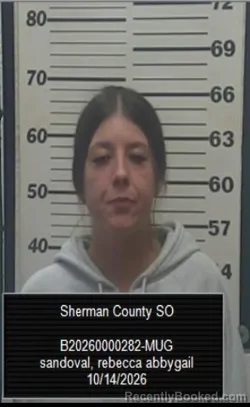 Mugshot of Rebecca Abbygail Sandoval booked in Sherman County, Kansas on October 14, 2026