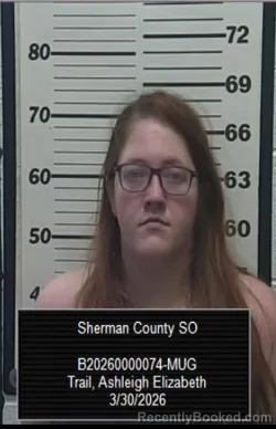 Mugshot of Ashleigh Elizabeth Trail booked in Sherman County, Kansas on March 30, 2026