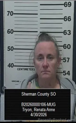 Mugshot of Renata Anne Tryon booked in Sherman County, Kansas on April 30, 2026