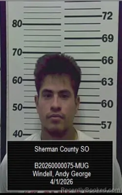 Mugshot of Andy George Windell booked in Sherman County, Kansas on April 1, 2026