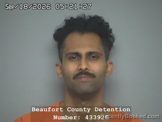 Mugshot of Karan P Bhatia booked in Beaufort County, South Carolina on September 18, 2026