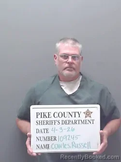 Mugshot of RUSSELL NEAL COWLES booked in Pike County, Alabama on April 3, 2026