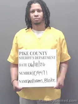 Mugshot of BLAKE DIJON WILLIAMS booked in Pike County, Alabama on June 18, 2026