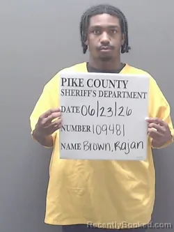 Mugshot of RAJAN KHALIL BROWN booked in Pike County, Alabama on June 23, 2026