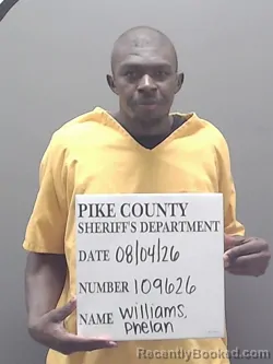 Mugshot of PHELAN MARQUES WILLIAMS booked in Pike County, Alabama on August 4, 2026