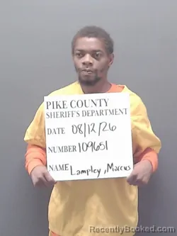 Mugshot of Marcus Makeal Lampley booked in Pike County, Alabama on August 12, 2026