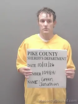Mugshot of Jonathan Noah Green booked in Pike County, Alabama on October 12, 2026