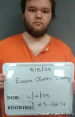 Mugshot of Justin Timothy-Wayne Evans booked in Sebastian County, Arkansas on April 5, 2026