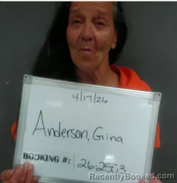 Mugshot of Gina R Anderson booked in Sebastian County, Arkansas on April 17, 2026