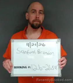 Mugshot of Brandon Paul Sanford booked in Sebastian County, Arkansas on April 21, 2026