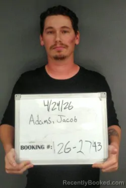 Mugshot of Jacob Nathaniel Adams booked in Sebastian County, Arkansas on April 24, 2026