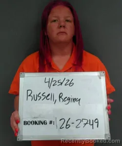 Mugshot of Regina B. Russell booked in Sebastian County, Arkansas on April 24, 2026