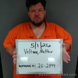 Mugshot of Matthew Allen Veltman booked in Sebastian County, Arkansas on May 1, 2026