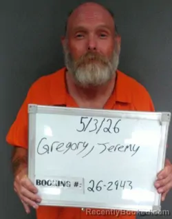 Mugshot of Jeremy Shane Gregory booked in Sebastian County, Arkansas on May 2, 2026