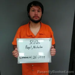 Mugshot of Nicholas Keith Pagel booked in Sebastian County, Arkansas on May 3, 2026