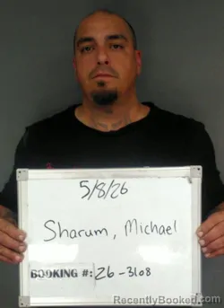 Mugshot of Michael Anthony Sharum booked in Sebastian County, Arkansas on May 8, 2026