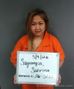Mugshot of Sabrina Phonthip Sayvongsa booked in Sebastian County, Arkansas on May 9, 2026