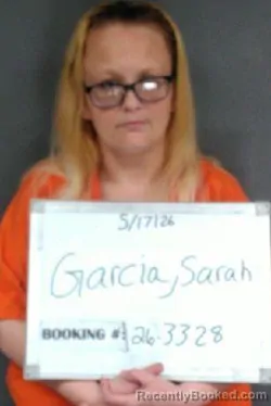 Mugshot of Sarah Ann Garcia booked in Sebastian County, Arkansas on May 17, 2026