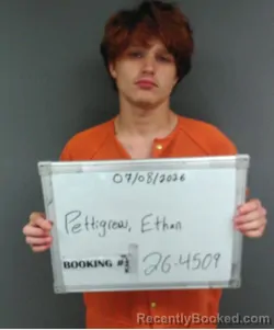Mugshot of Ethan Lee Pettigrew booked in Sebastian County, Arkansas on July 7, 2026