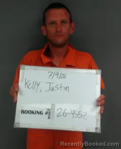 Mugshot of Justin Keith Kelly booked in Sebastian County, Arkansas on July 9, 2026