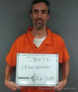 Mugshot of Christopher Cash Chisum booked in Sebastian County, Arkansas on July 30, 2026