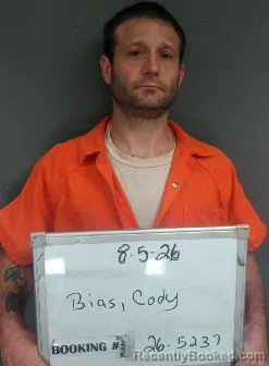 Mugshot of Cody Wayne Bias booked in Sebastian County, Arkansas on August 5, 2026