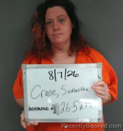Mugshot of Samantha Kathleen Crane booked in Sebastian County, Arkansas on August 7, 2026