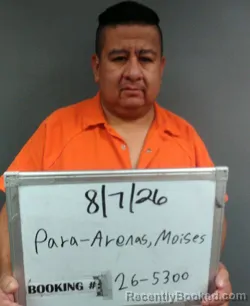 Mugshot of Moises Parra-Arenas booked in Sebastian County, Arkansas on August 7, 2026
