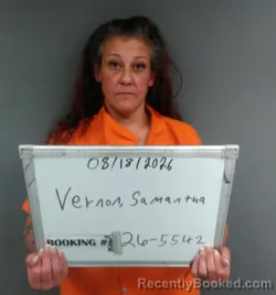 Mugshot of Samantha Lynn Vernon booked in Sebastian County, Arkansas on August 18, 2026