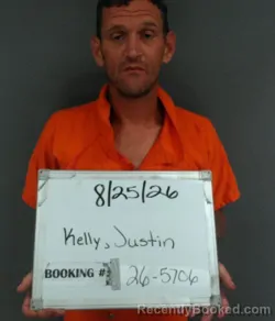 Mugshot of Justin Keith Kelly booked in Sebastian County, Arkansas on August 25, 2026