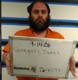 Mugshot of James Russell Leonard Gregory booked in Sebastian County, Arkansas on September 14, 2026