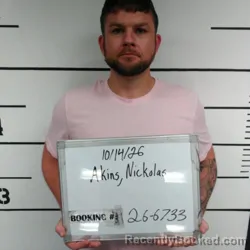 Mugshot of Nickolas Wayne Akins booked in Sebastian County, Arkansas on October 14, 2026