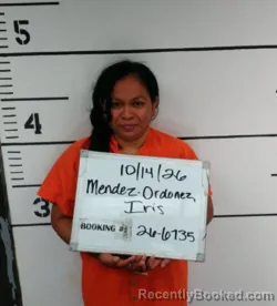 Mugshot of Iris Mendez-Ordonez booked in Sebastian County, Arkansas on October 14, 2026