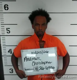 Mugshot of Christopher Montez Andrews booked in Sebastian County, Arkansas on October 24, 2026