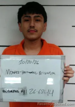 Mugshot of Brandon Isaac Mendez-Hernandez booked in Sebastian County, Arkansas on October 26, 2026